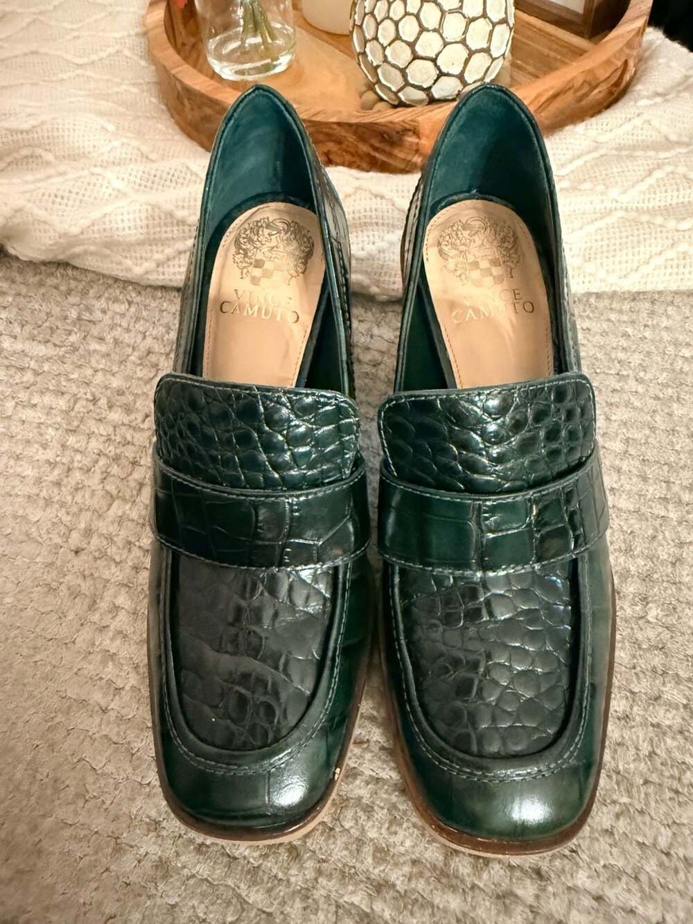 Vince Camuto Ezerna Heel Loafer Deep Green Croc Embossed